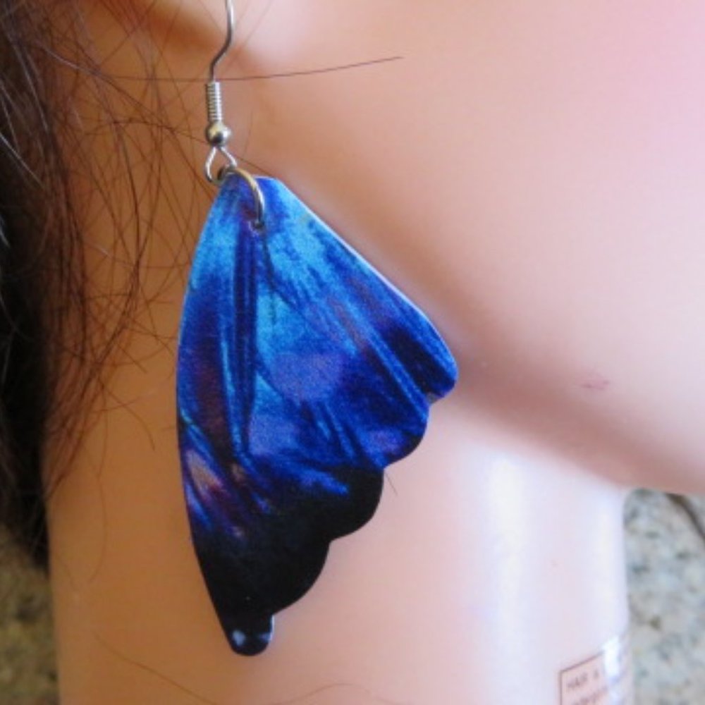Faux Leather Blue BUTTERFLY Wings Pierced Earrings 7 cm 3" (K313)